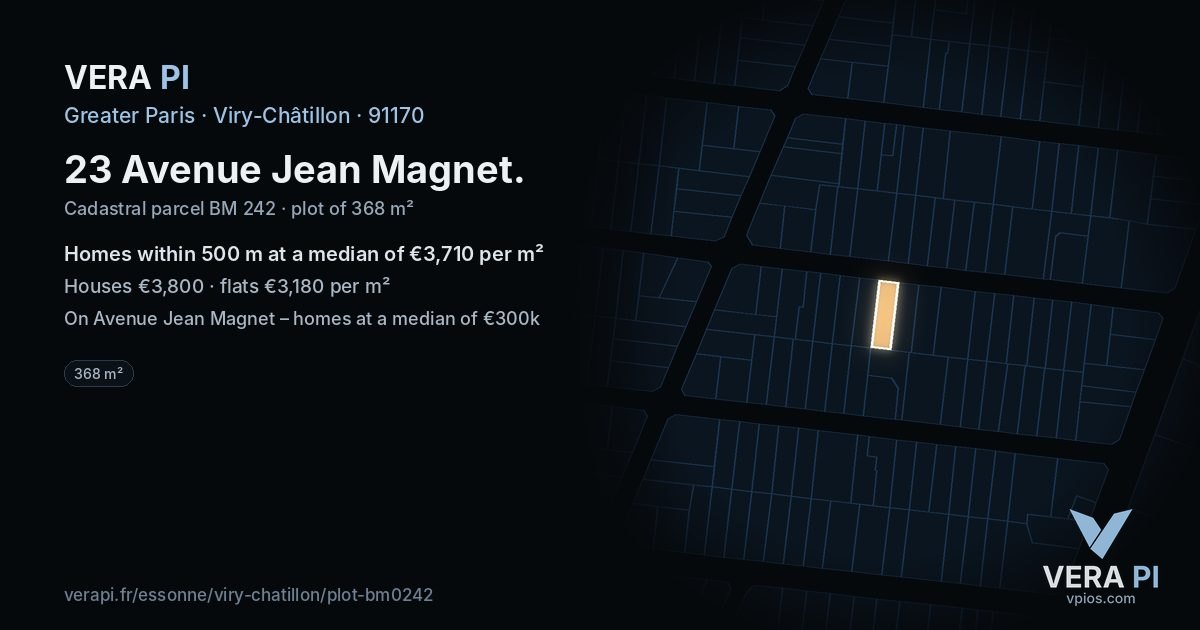 23 Avenue Jean Magnet, Viry-Châtillon at night – the plot lit, the parcels around coloured by the prices near them