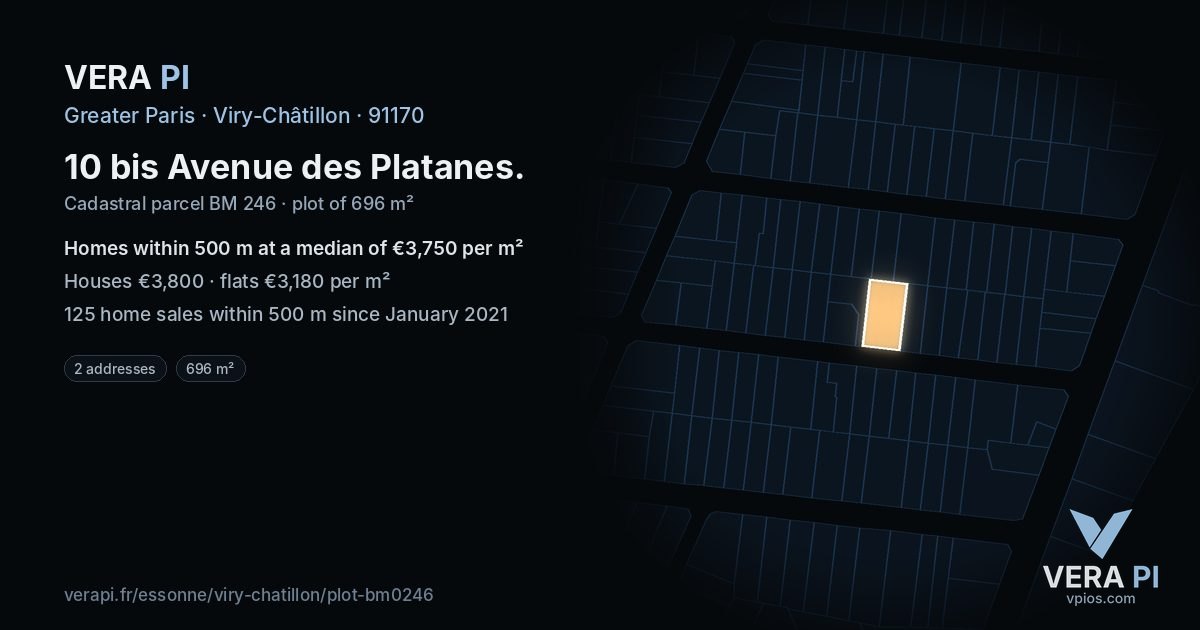 10 bis Avenue des Platanes, Viry-Châtillon at night – the plot lit, the parcels around coloured by the prices near them