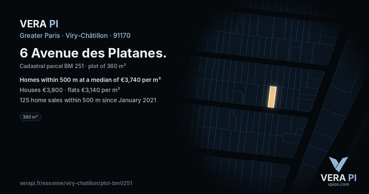 6 Avenue des Platanes, Viry-Châtillon at night – the plot lit, the parcels around coloured by the prices near them