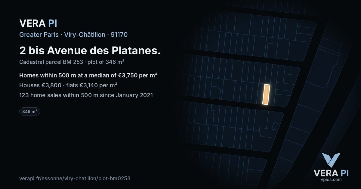 2 bis Avenue des Platanes, Viry-Châtillon at night – the plot lit, the parcels around coloured by the prices near them