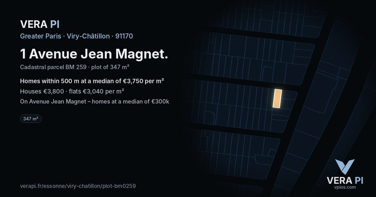 1 Avenue Jean Magnet, Viry-Châtillon at night – the plot lit, the parcels around coloured by the prices near them