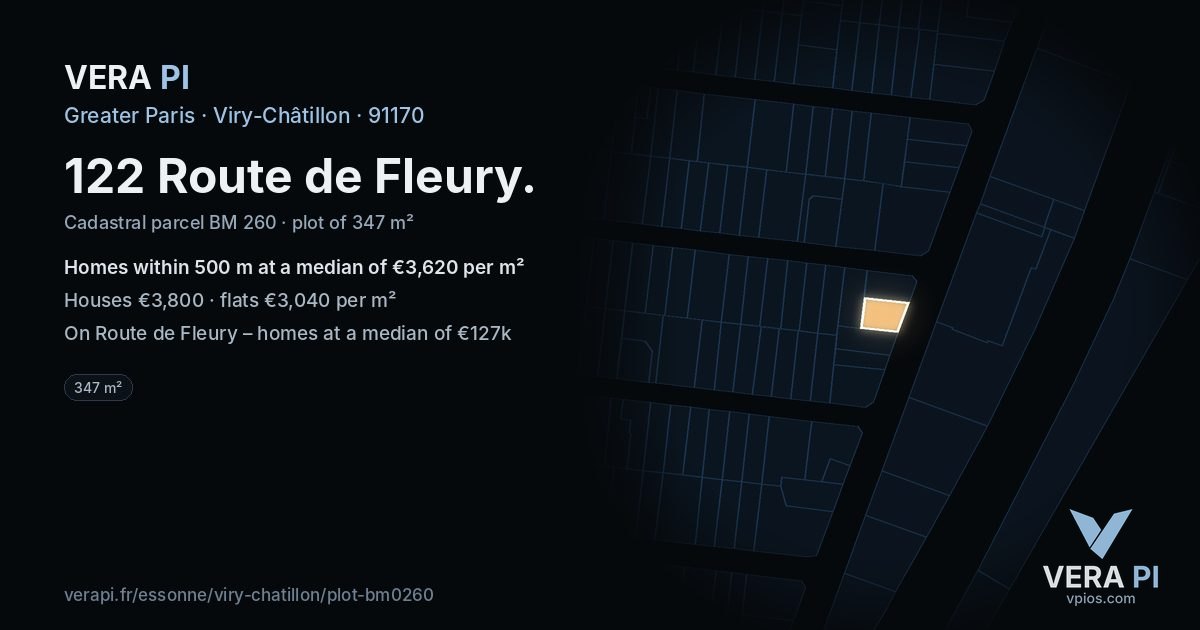 122 Route de Fleury, Viry-Châtillon at night – the plot lit, the parcels around coloured by the prices near them