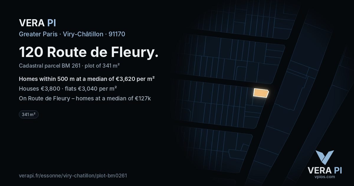 120 Route de Fleury, Viry-Châtillon at night – the plot lit, the parcels around coloured by the prices near them