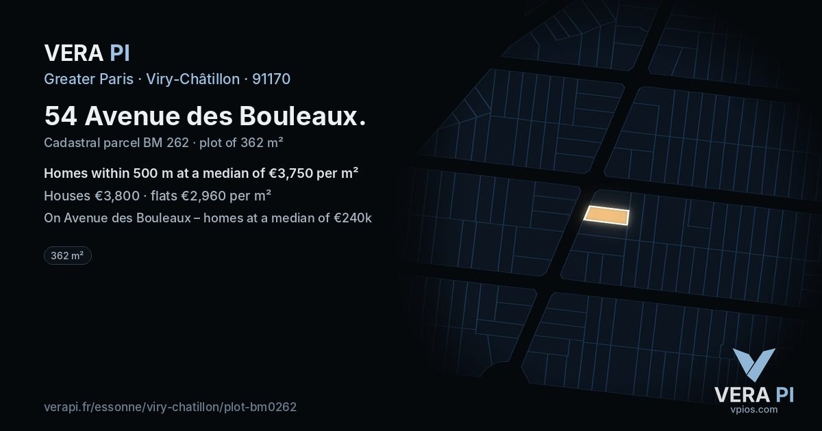 54 Avenue des Bouleaux, Viry-Châtillon at night – the plot lit, the parcels around coloured by the prices near them