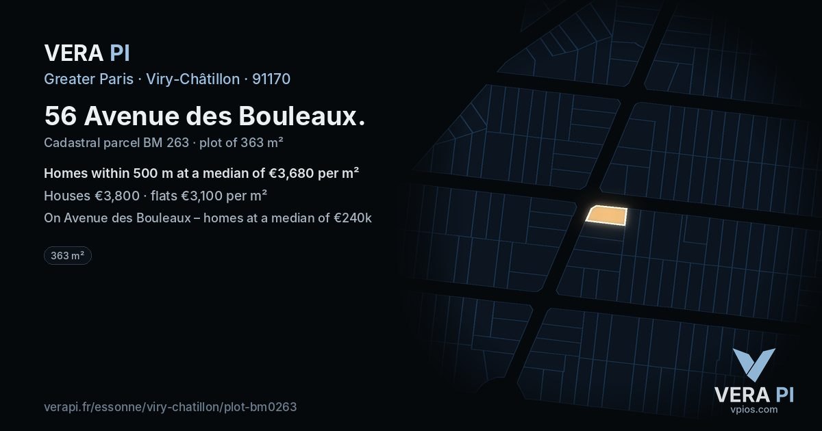 56 Avenue des Bouleaux, Viry-Châtillon at night – the plot lit, the parcels around coloured by the prices near them