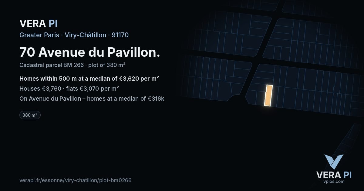 70 Avenue du Pavillon, Viry-Châtillon at night – the plot lit, the parcels around coloured by the prices near them