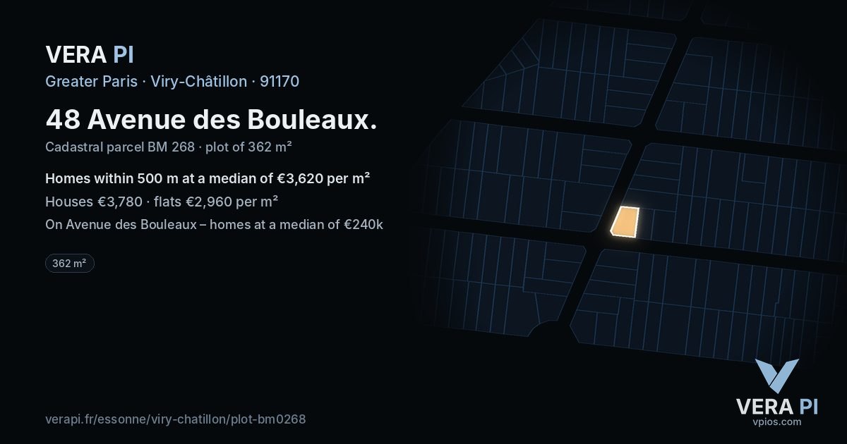 48 Avenue des Bouleaux, Viry-Châtillon at night – the plot lit, the parcels around coloured by the prices near them