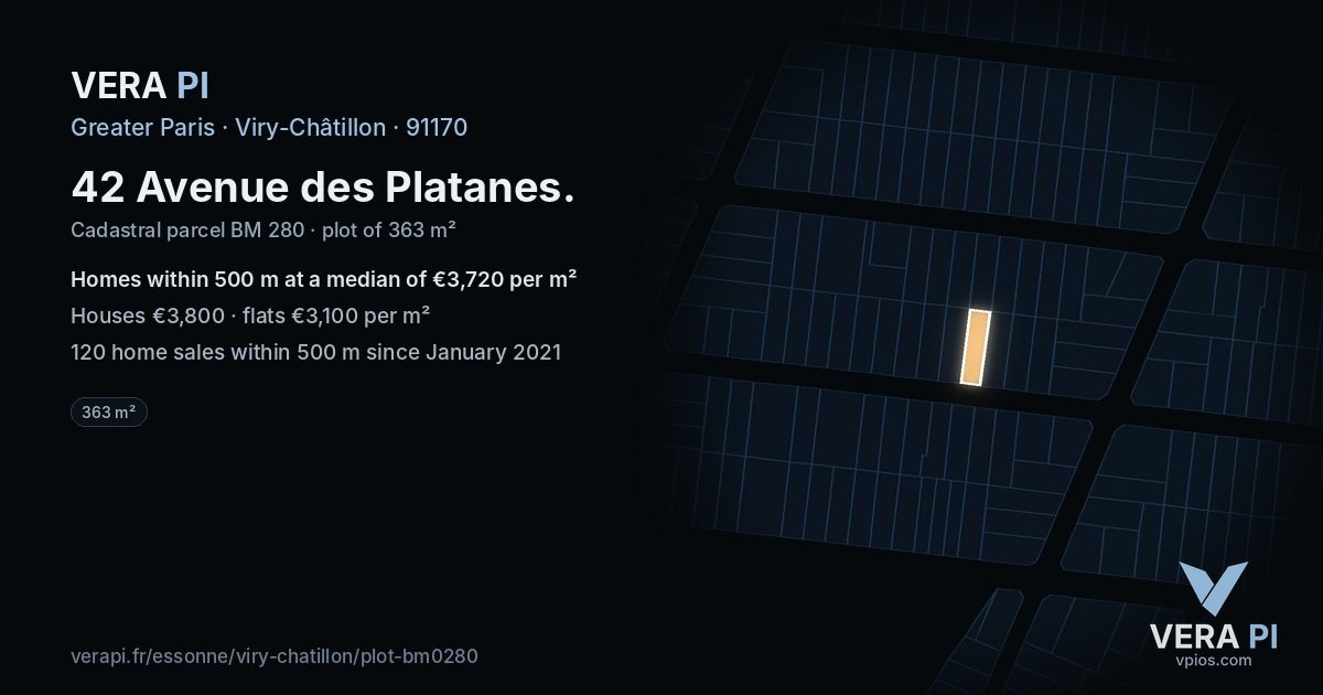42 Avenue des Platanes, Viry-Châtillon at night – the plot lit, the parcels around coloured by the prices near them