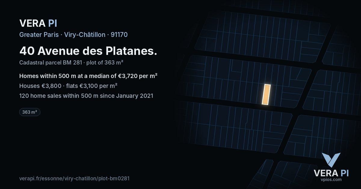 40 Avenue des Platanes, Viry-Châtillon at night – the plot lit, the parcels around coloured by the prices near them