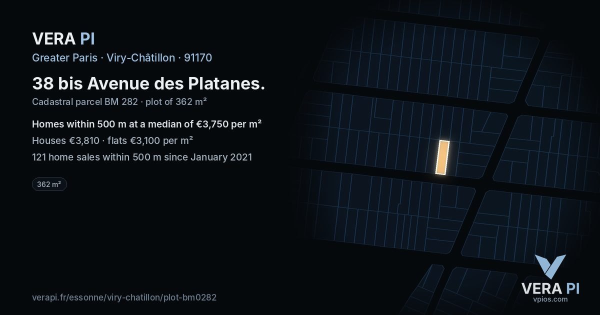 38 bis Avenue des Platanes, Viry-Châtillon at night – the plot lit, the parcels around coloured by the prices near them