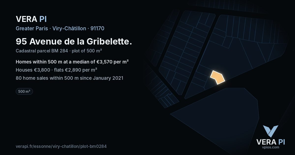 95 Avenue de la Gribelette, Viry-Châtillon at night – the plot lit, the parcels around coloured by the prices near them