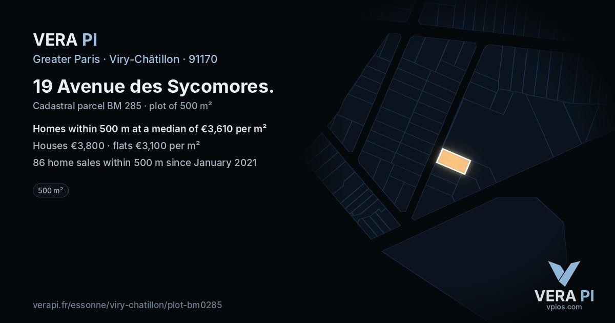 19 Avenue des Sycomores, Viry-Châtillon at night – the plot lit, the parcels around coloured by the prices near them