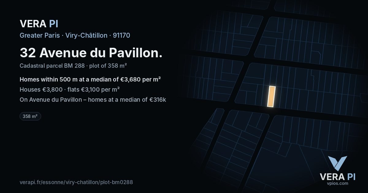 32 Avenue du Pavillon, Viry-Châtillon at night – the plot lit, the parcels around coloured by the prices near them