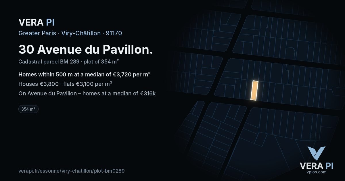 30 Avenue du Pavillon, Viry-Châtillon at night – the plot lit, the parcels around coloured by the prices near them