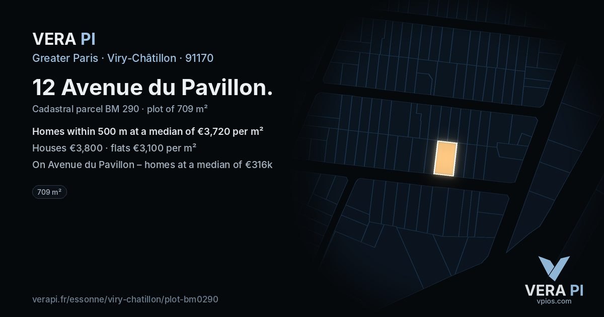12 Avenue du Pavillon, Viry-Châtillon at night – the plot lit, the parcels around coloured by the prices near them