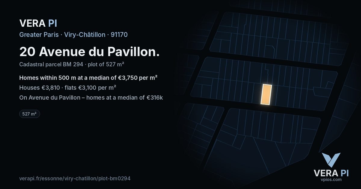 20 Avenue du Pavillon, Viry-Châtillon at night – the plot lit, the parcels around coloured by the prices near them