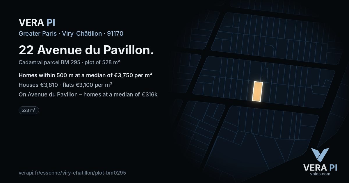 22 Avenue du Pavillon, Viry-Châtillon at night – the plot lit, the parcels around coloured by the prices near them