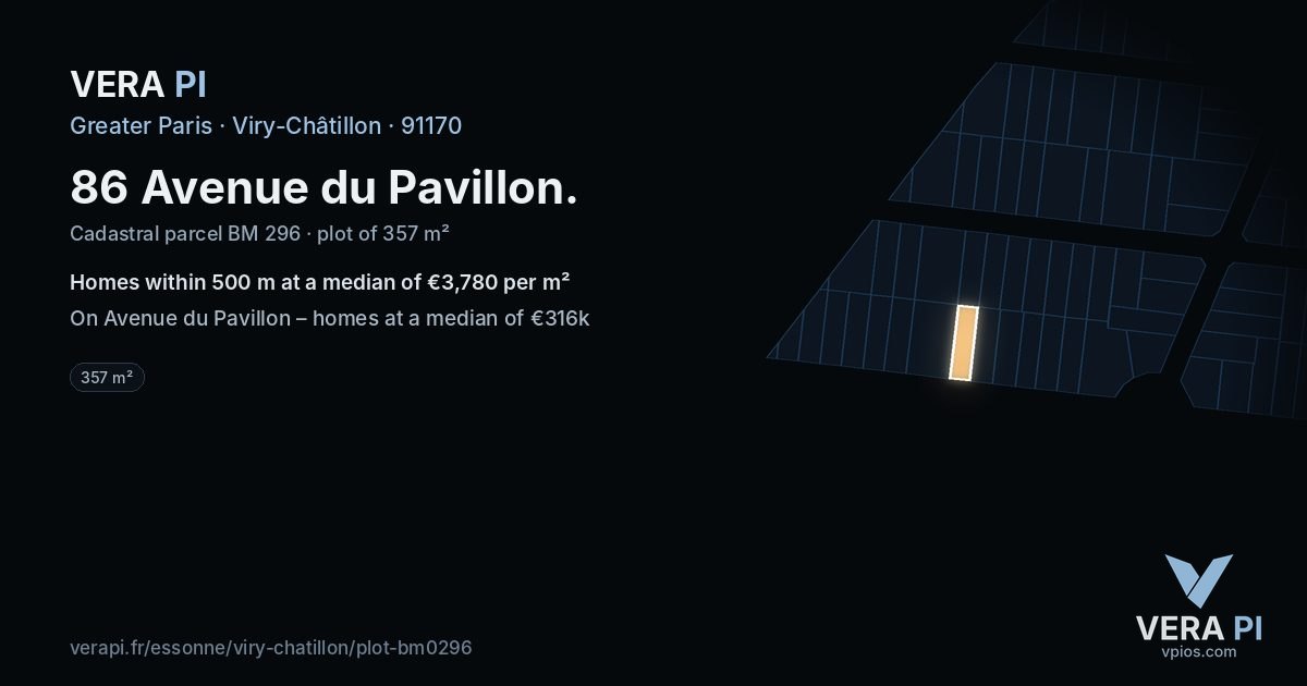 86 Avenue du Pavillon, Viry-Châtillon at night – the plot lit, the parcels around coloured by the prices near them