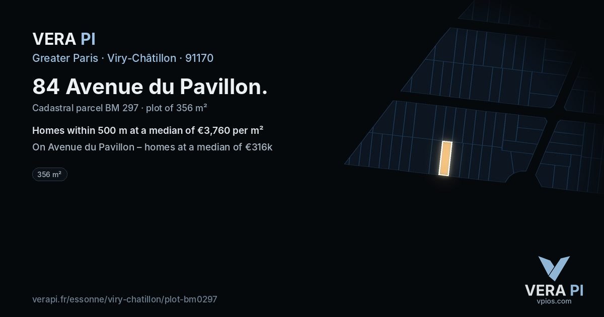 84 Avenue du Pavillon, Viry-Châtillon at night – the plot lit, the parcels around coloured by the prices near them
