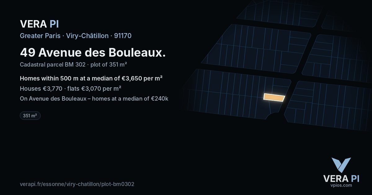 49 Avenue des Bouleaux, Viry-Châtillon at night – the plot lit, the parcels around coloured by the prices near them