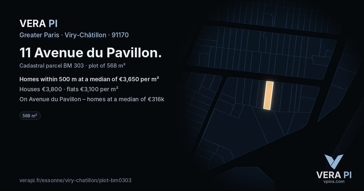 11 Avenue du Pavillon, Viry-Châtillon at night – the plot lit, the parcels around coloured by the prices near them