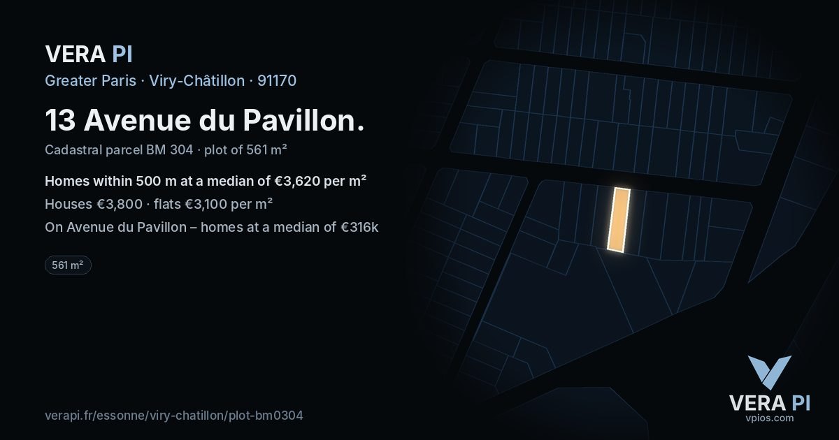 13 Avenue du Pavillon, Viry-Châtillon at night – the plot lit, the parcels around coloured by the prices near them