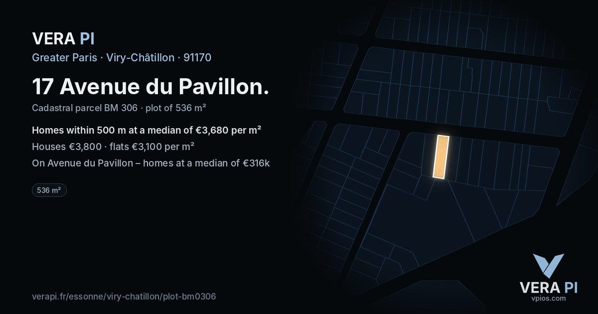 17 Avenue du Pavillon, Viry-Châtillon at night – the plot lit, the parcels around coloured by the prices near them
