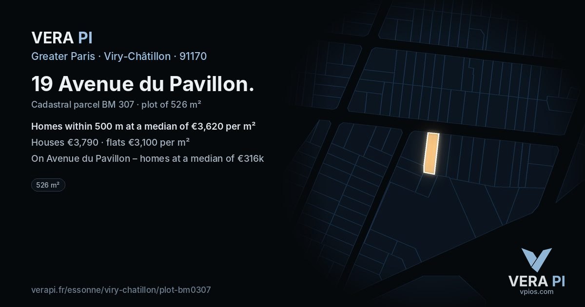 19 Avenue du Pavillon, Viry-Châtillon at night – the plot lit, the parcels around coloured by the prices near them