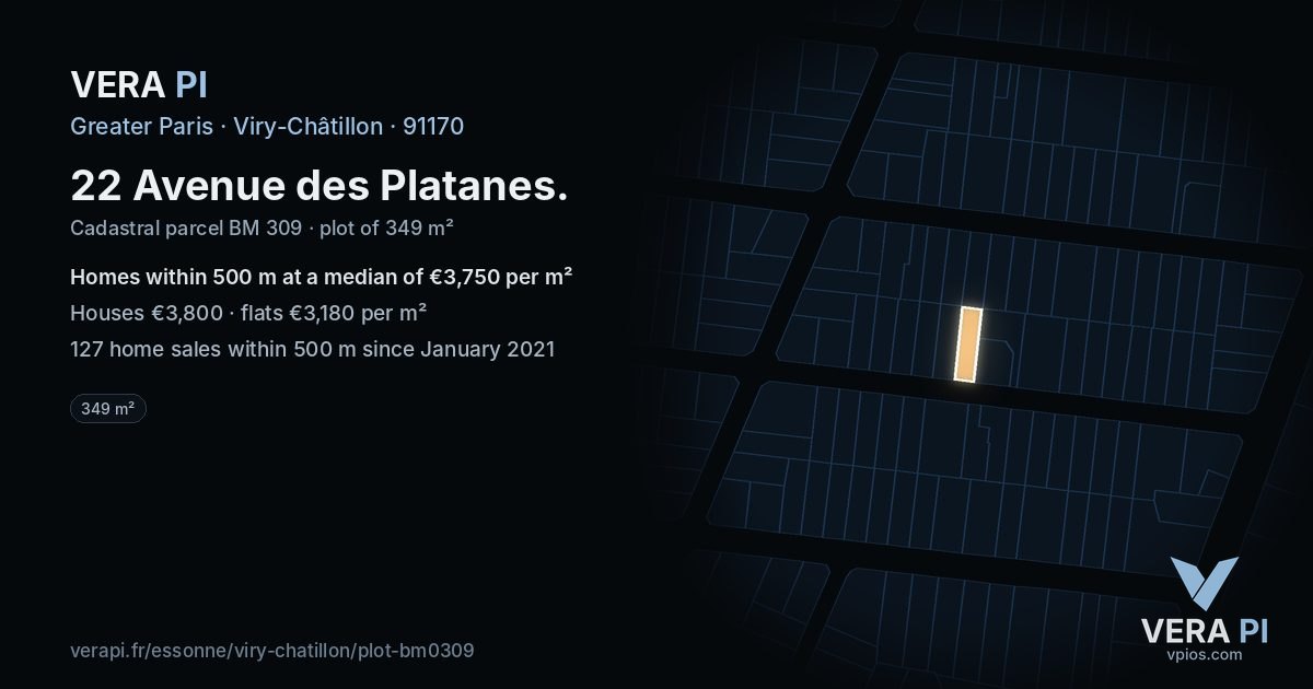 22 Avenue des Platanes, Viry-Châtillon at night – the plot lit, the parcels around coloured by the prices near them