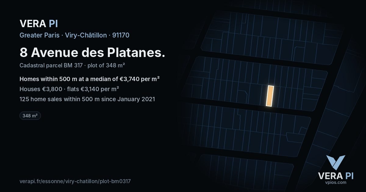8 Avenue des Platanes, Viry-Châtillon at night – the plot lit, the parcels around coloured by the prices near them