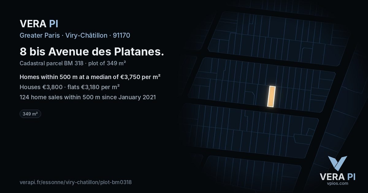 8 bis Avenue des Platanes, Viry-Châtillon at night – the plot lit, the parcels around coloured by the prices near them
