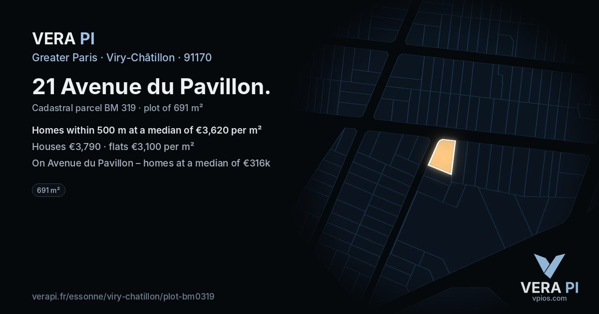 21 Avenue du Pavillon, Viry-Châtillon at night – the plot lit, the parcels around coloured by the prices near them