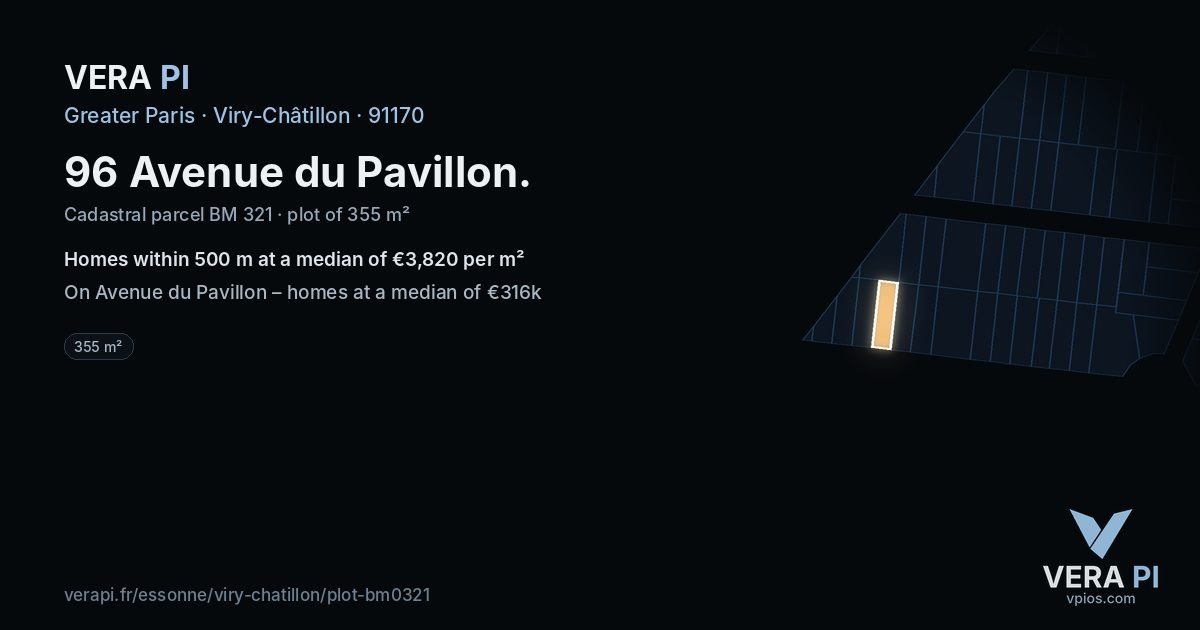 96 Avenue du Pavillon, Viry-Châtillon at night – the plot lit, the parcels around coloured by the prices near them