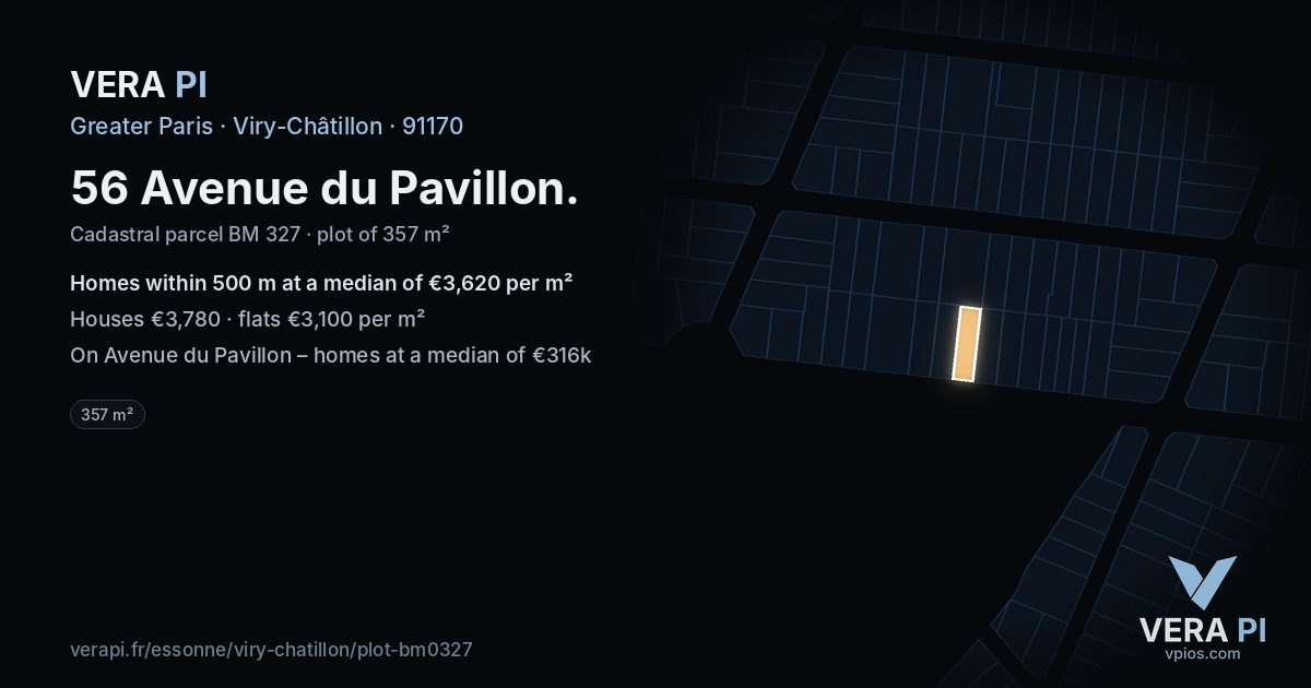 56 Avenue du Pavillon, Viry-Châtillon at night – the plot lit, the parcels around coloured by the prices near them