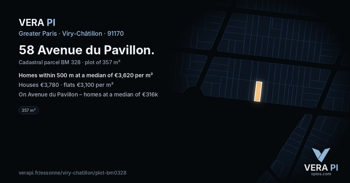 58 Avenue du Pavillon, Viry-Châtillon at night – the plot lit, the parcels around coloured by the prices near them