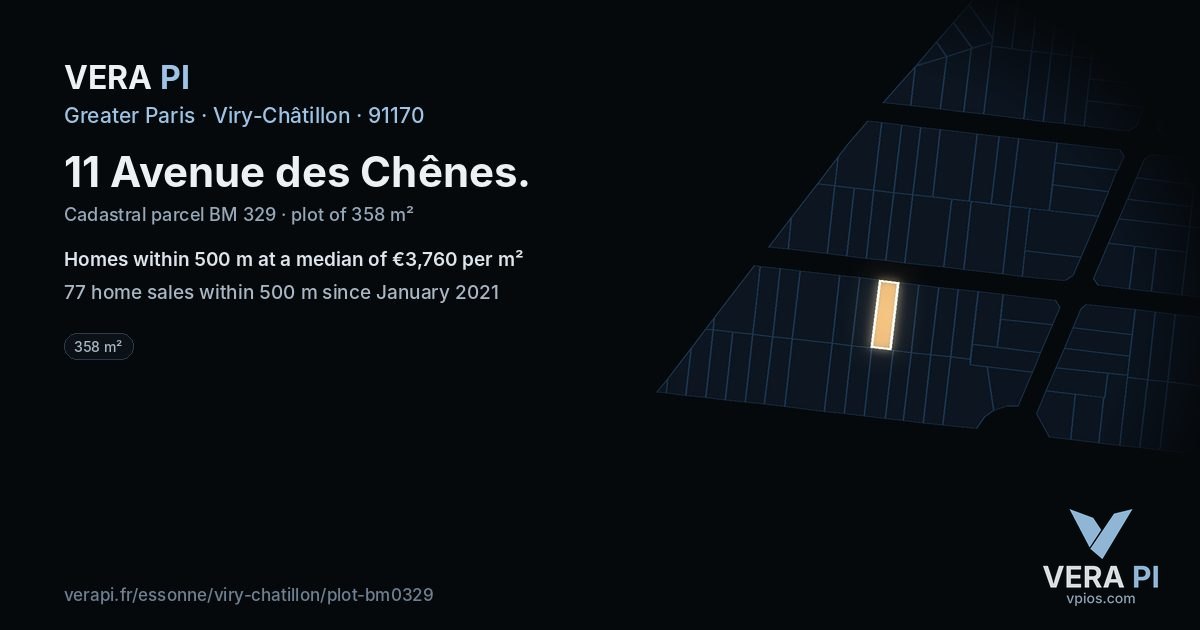 11 Avenue des Chênes, Viry-Châtillon at night – the plot lit, the parcels around coloured by the prices near them