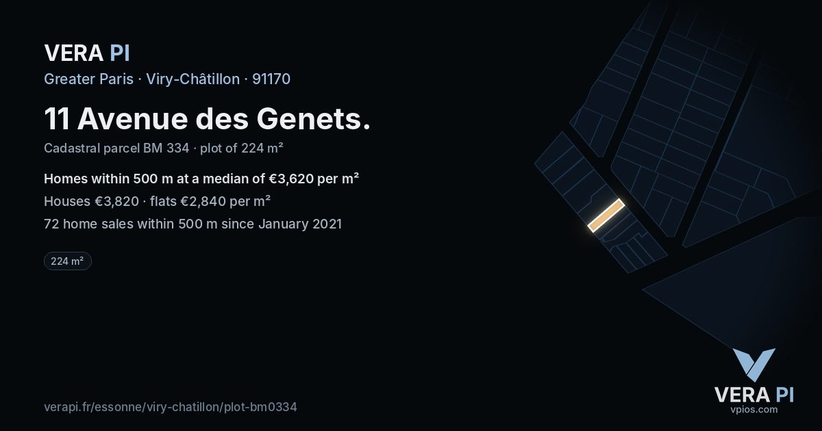 11 Avenue des Genets, Viry-Châtillon at night – the plot lit, the parcels around coloured by the prices near them