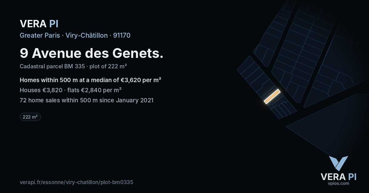 9 Avenue des Genets, Viry-Châtillon at night – the plot lit, the parcels around coloured by the prices near them