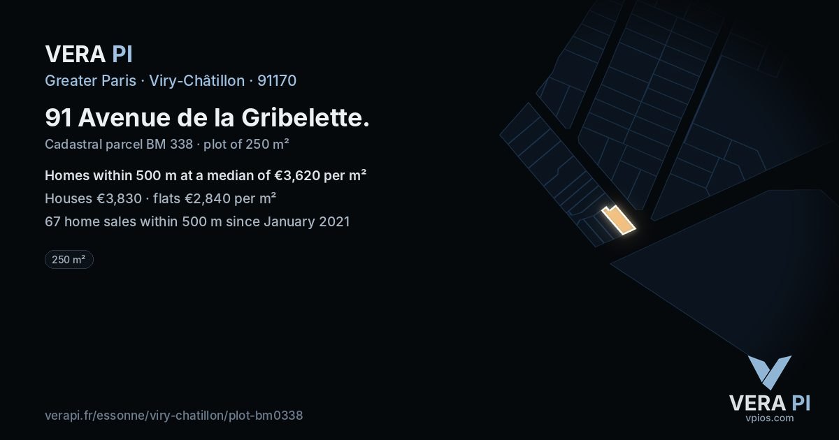 91 Avenue de la Gribelette, Viry-Châtillon at night – the plot lit, the parcels around coloured by the prices near them