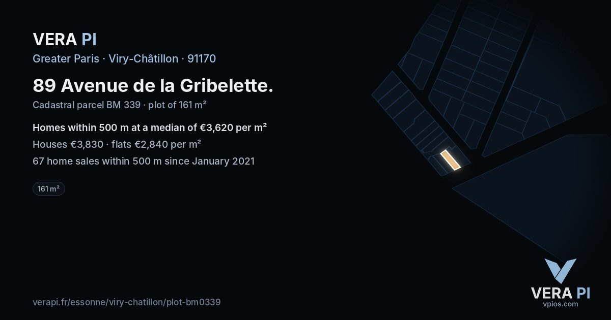 89 Avenue de la Gribelette, Viry-Châtillon at night – the plot lit, the parcels around coloured by the prices near them