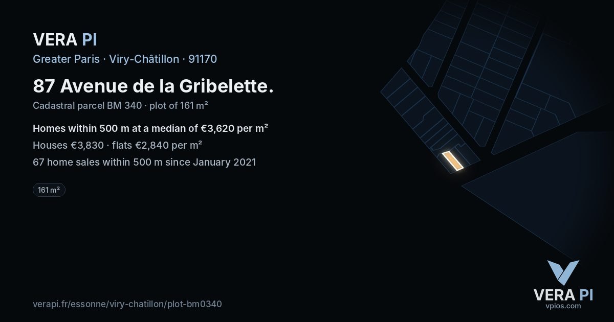 87 Avenue de la Gribelette, Viry-Châtillon at night – the plot lit, the parcels around coloured by the prices near them