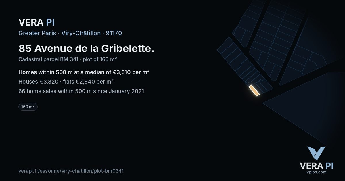 85 Avenue de la Gribelette, Viry-Châtillon at night – the plot lit, the parcels around coloured by the prices near them