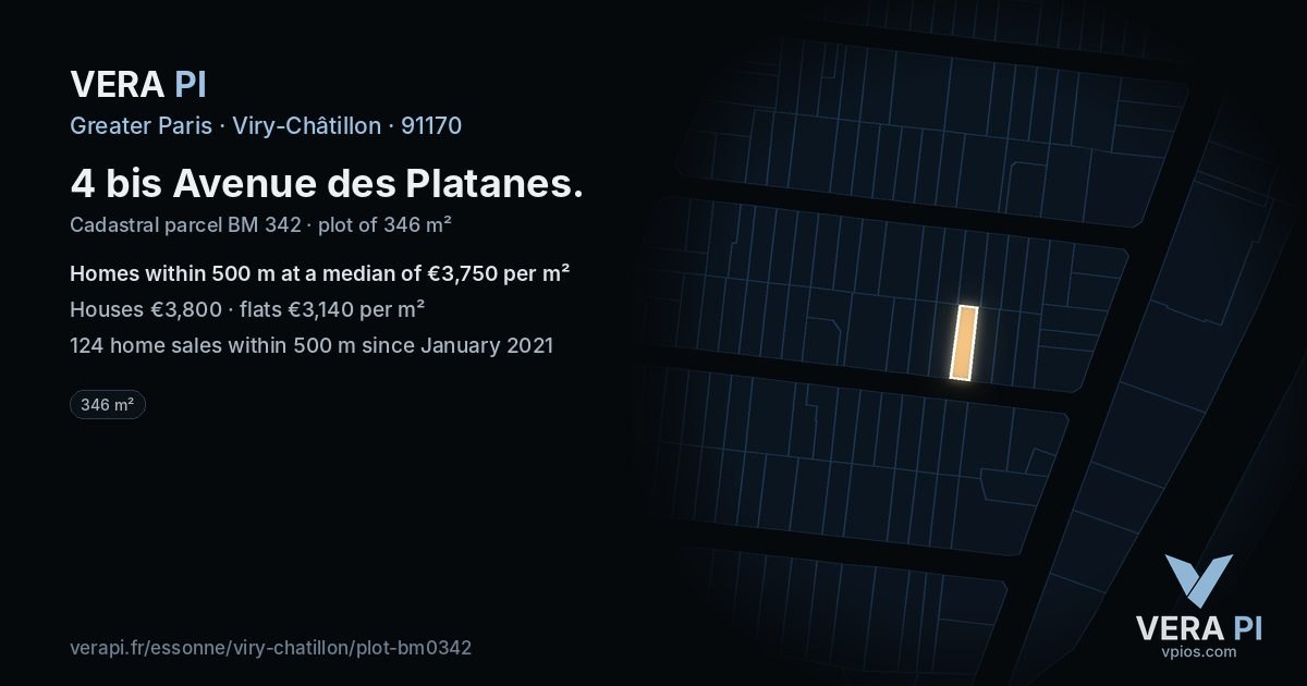 4 bis Avenue des Platanes, Viry-Châtillon at night – the plot lit, the parcels around coloured by the prices near them