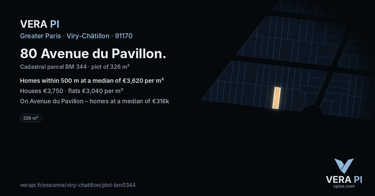 80 Avenue du Pavillon, Viry-Châtillon at night – the plot lit, the parcels around coloured by the prices near them