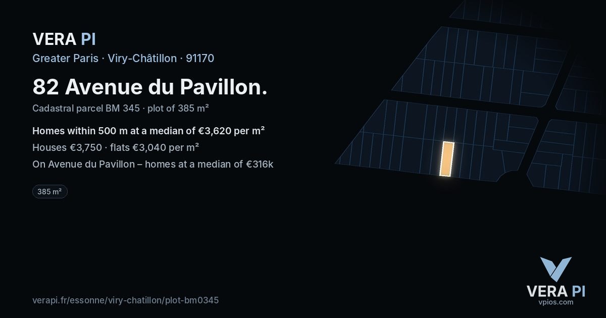 82 Avenue du Pavillon, Viry-Châtillon at night – the plot lit, the parcels around coloured by the prices near them
