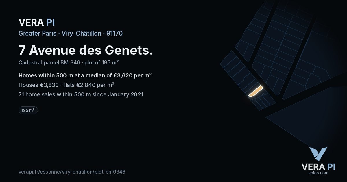 7 Avenue des Genets, Viry-Châtillon at night – the plot lit, the parcels around coloured by the prices near them