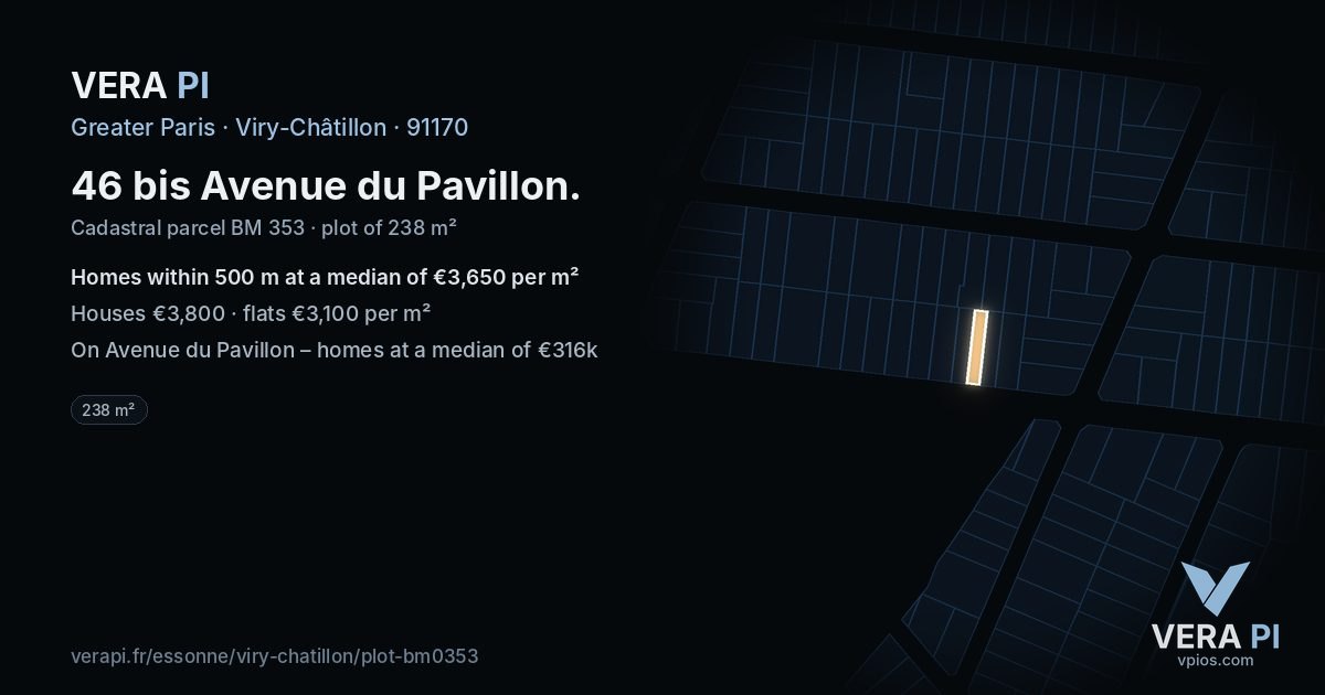 46 bis Avenue du Pavillon, Viry-Châtillon at night – the plot lit, the parcels around coloured by the prices near them