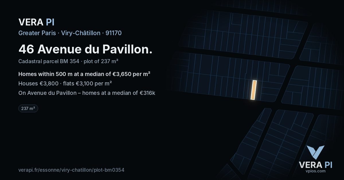 46 Avenue du Pavillon, Viry-Châtillon at night – the plot lit, the parcels around coloured by the prices near them