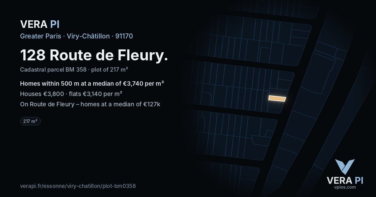 128 Route de Fleury, Viry-Châtillon at night – the plot lit, the parcels around coloured by the prices near them