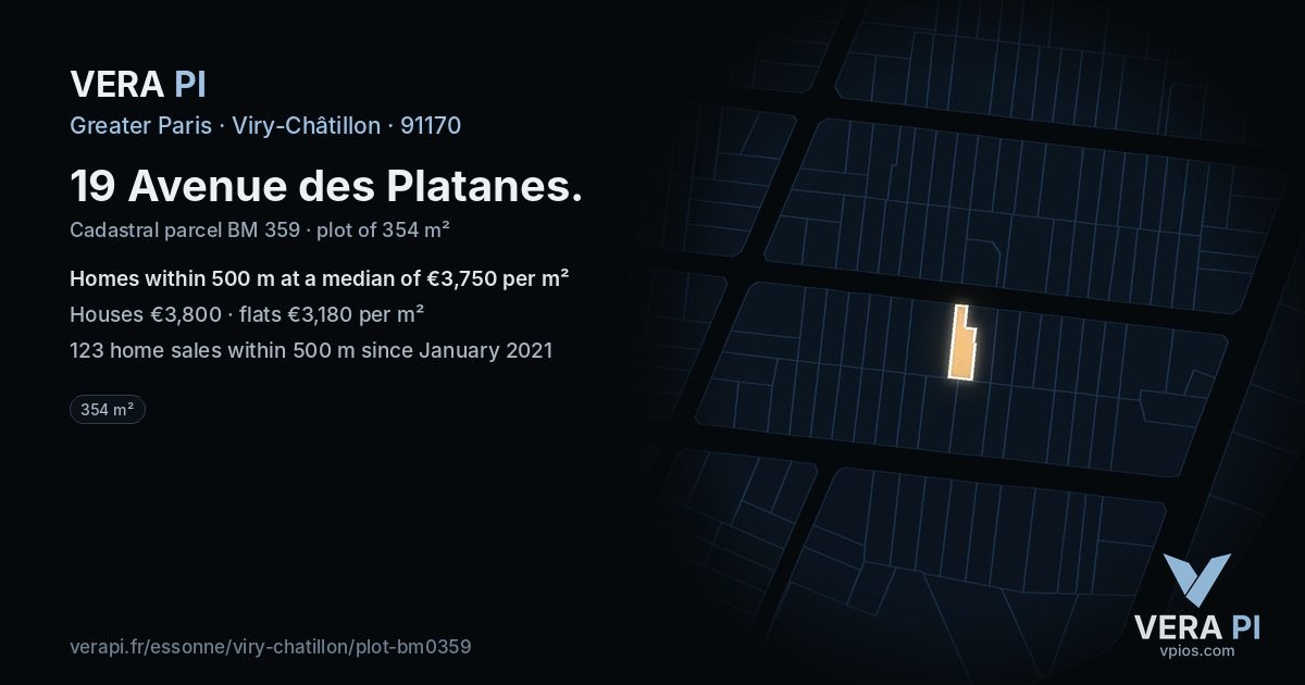 19 Avenue des Platanes, Viry-Châtillon at night – the plot lit, the parcels around coloured by the prices near them